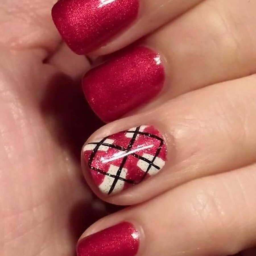 Berry red acrylic nails with hand-painted plaid accent nail, fall nail art in Oklahoma City