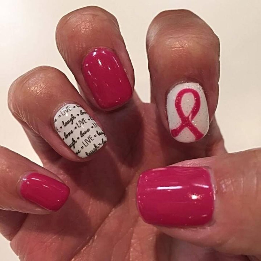 Pink breast cancer awareness ribbon nail art on a gel manicure in Oklahoma City