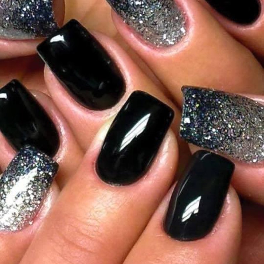 Black, silver and glitter ombre gel manicure by a nail technician in Oklahoma City