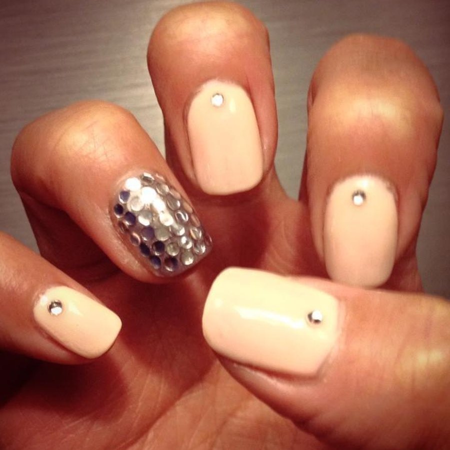 Soft nude dip powder manicure with rhinestone accent nail, Quail Creek nail salon design