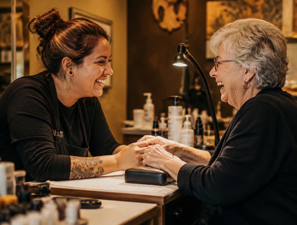 Nail technician gently holding a longtime older client's hands during a manicure
