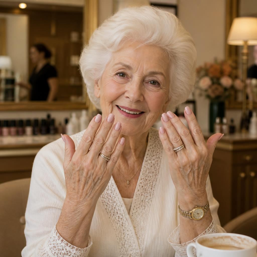 Smiling 84-year-old client showing her fresh manicure at Designers Plus Hair & Nail Salon
