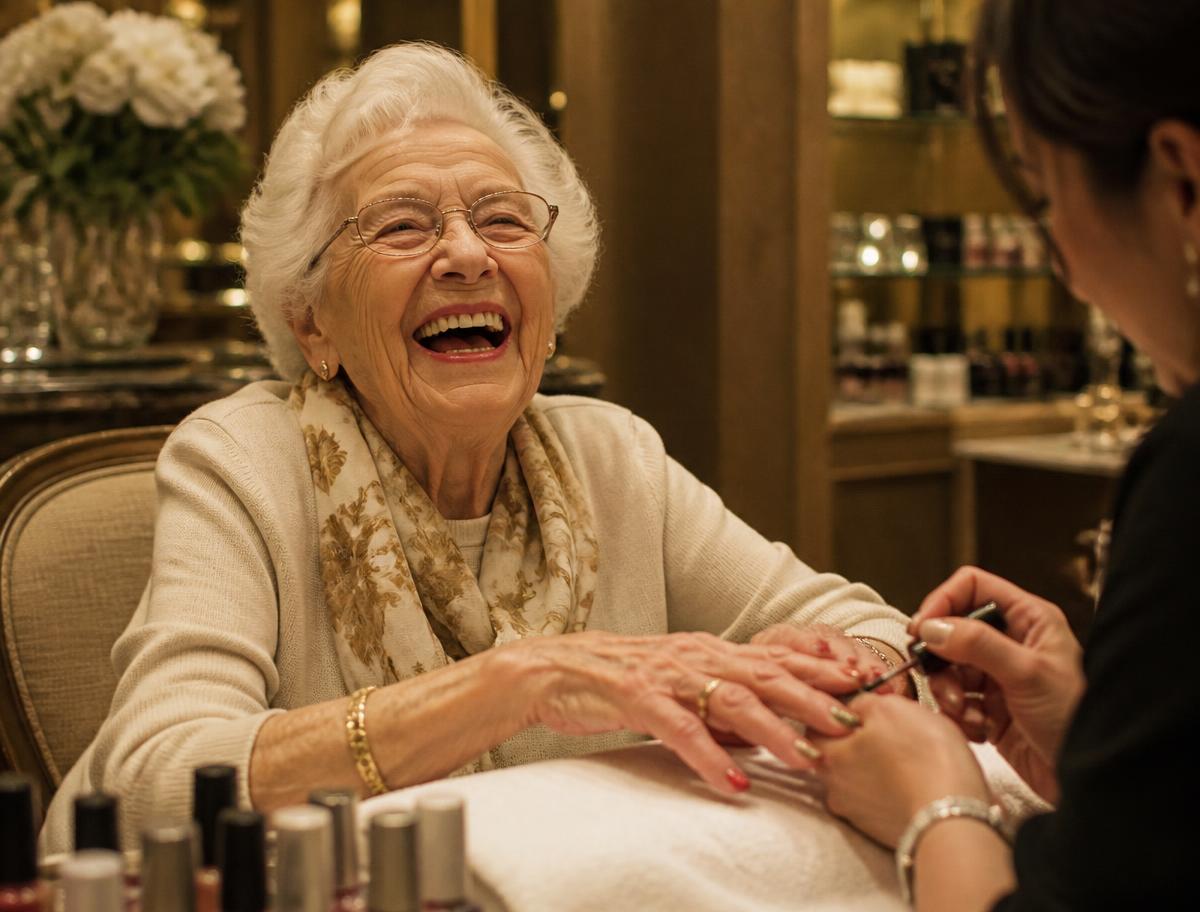Smiling older client enjoying a manicure at Designers Plus in Oklahoma City