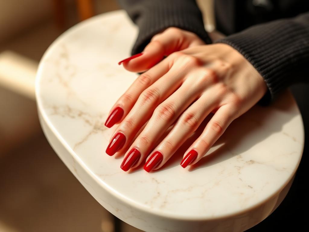 Glossy red gel manicure done at Designers Plus in Oklahoma City
