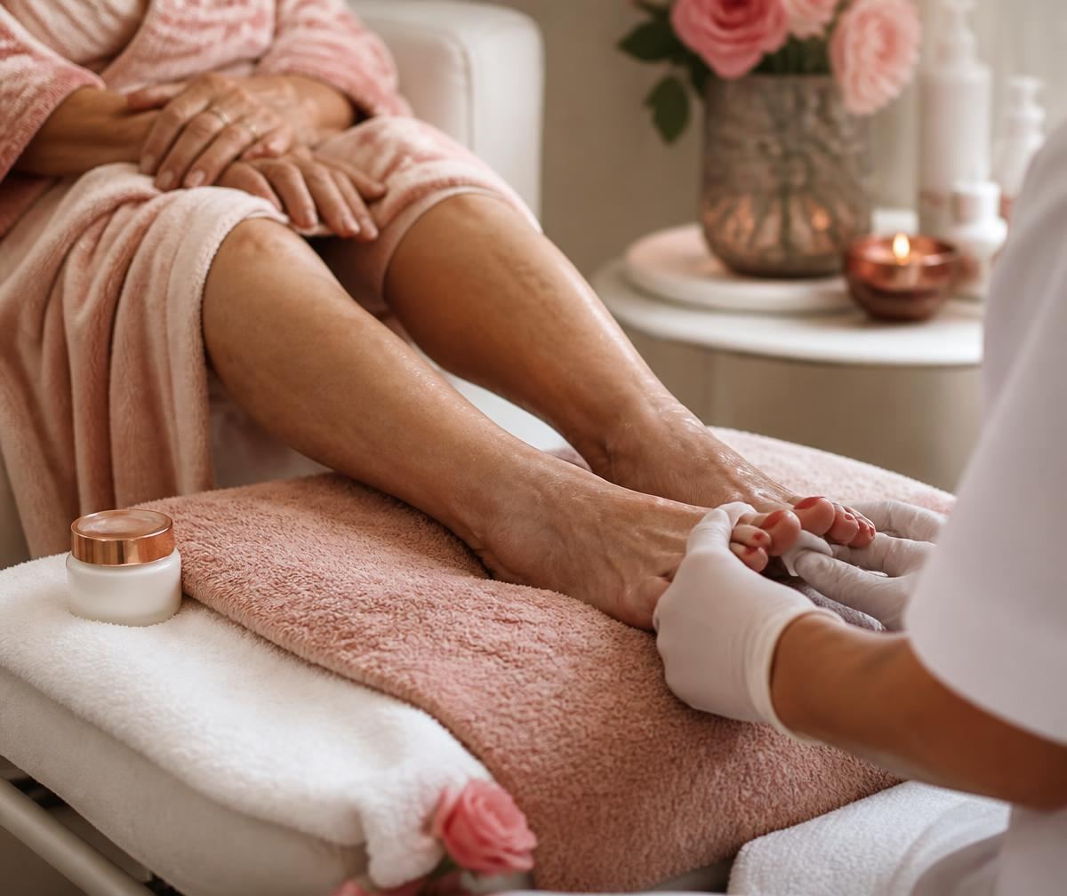 Gentle spa pedicure for an older client at a nail salon in Oklahoma City