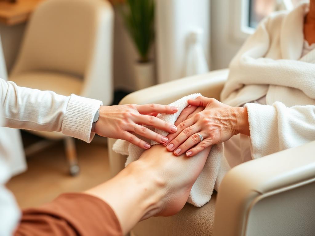 Technician gently caring for an older client's feet during a pedicure