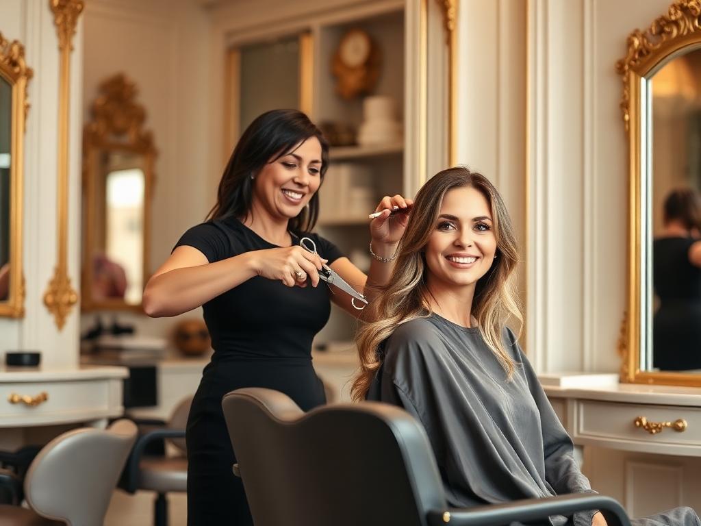 Stylist cutting a smiling client's hair at Designers Plus in Oklahoma City