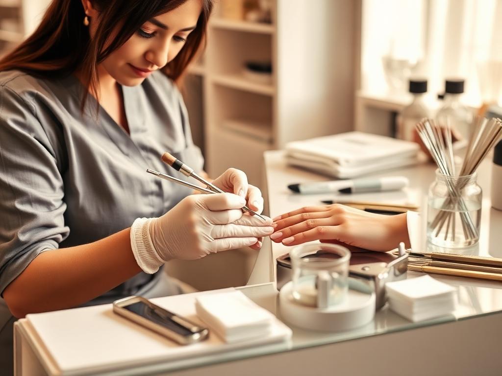 Nail technician repairing a client's nail with sanitized tools