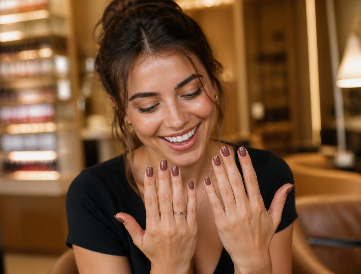 Young client smiling and showing off a fresh gel manicure